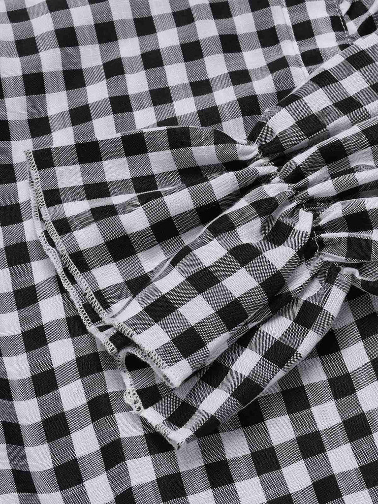 1960er Falten Ausgestellte Manschette Gingham Plaid Bluse