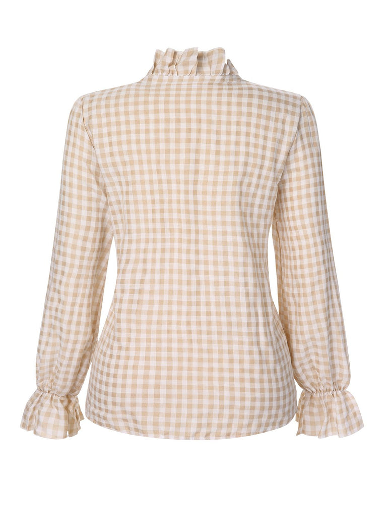 1960er Falten Ausgestellte Manschette Gingham Plaid Bluse