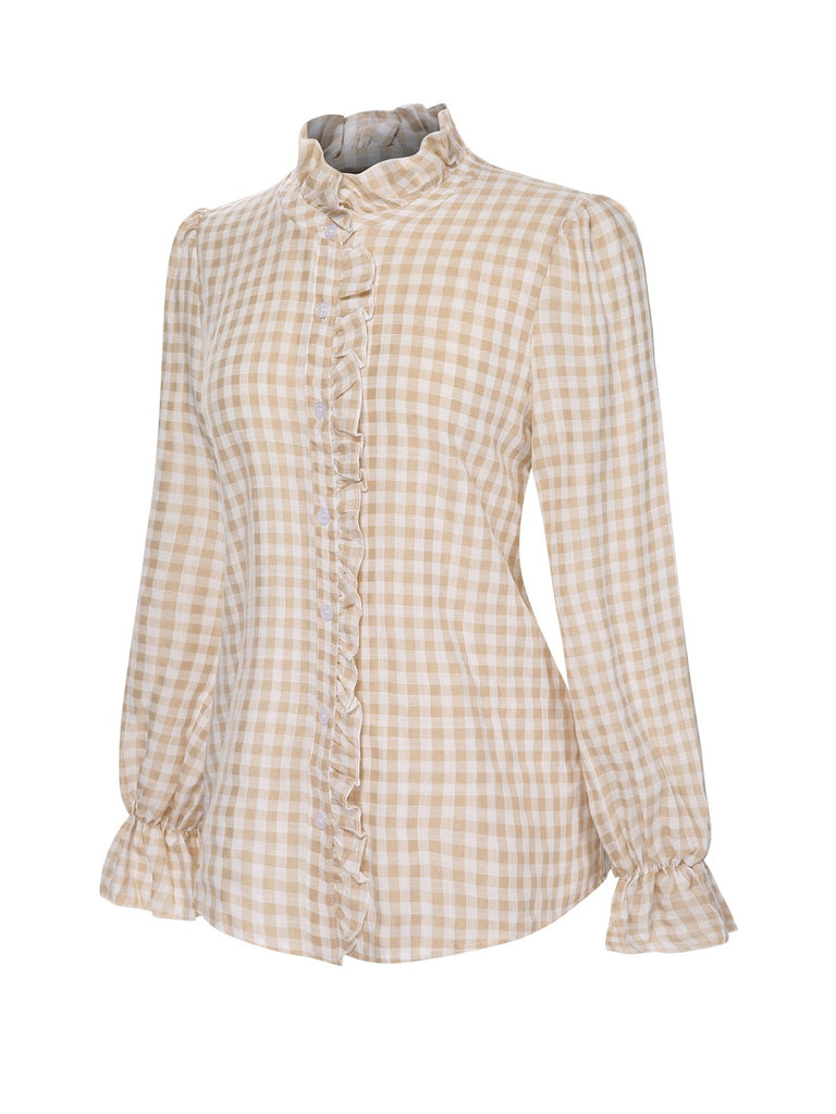 1960er Falten Ausgestellte Manschette Gingham Plaid Bluse