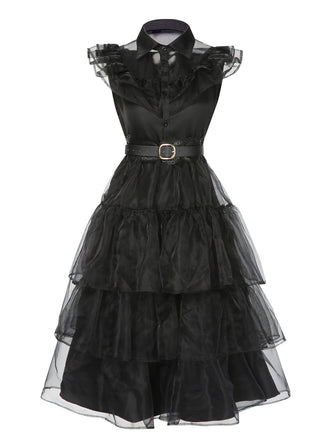 Schwarz 1950er Wednesday Kostüm Solide Gothic Spitze Kleid mit Gürtel