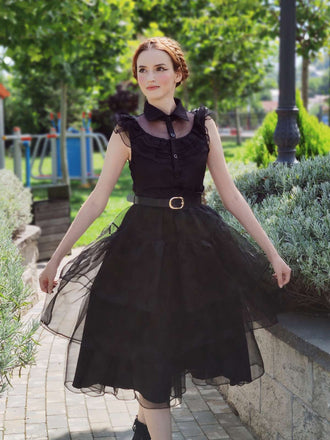 Schwarz 1950er Wednesday Kostüm Solide Gothic Spitze Kleid mit Gürtel