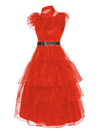 Rot 1950er Wednesday Kostüm Solide Gothic Spitze Kleid mit Gürtel