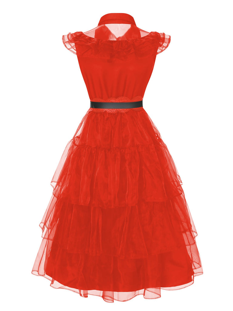 Rot 1950er Wednesday Kostüm Solide Gothic Spitze Kleid mit Gürtel