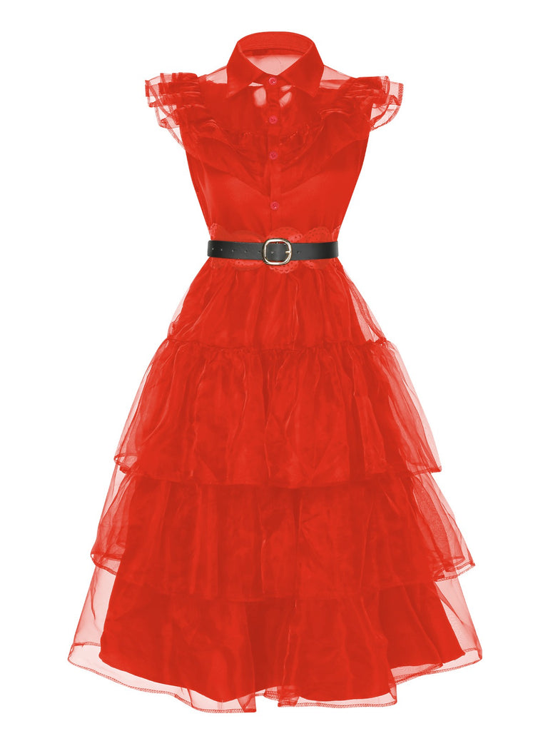 Rot 1950er Wednesday Kostüm Solide Gothic Spitze Kleid mit Gürtel