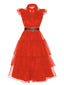 Rot 1950er Wednesday Kostüm Solide Gothic Spitze Kleid mit Gürtel