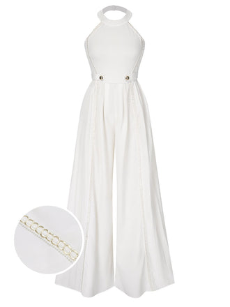 Weiß 1930er Solide Kette Verschönert Halter Jumpsuit