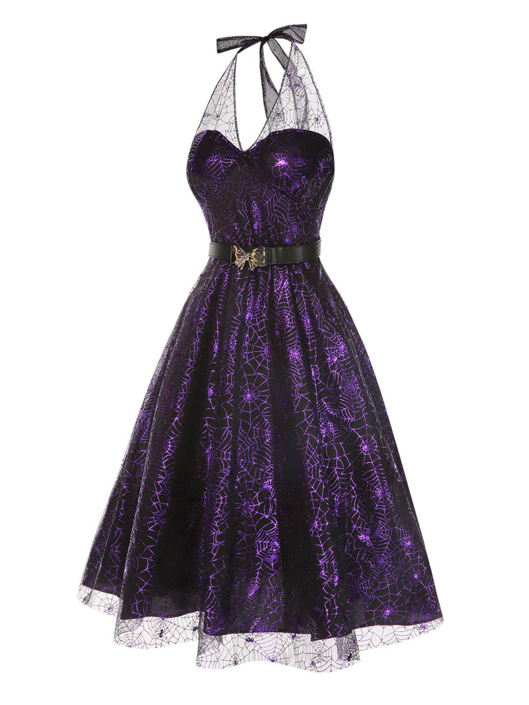 [Vorverkauf] Lila 1950er Laser Masche Spinnennetz Halter Kleid