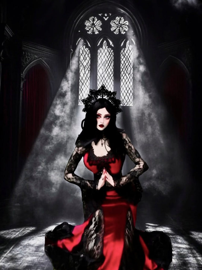 Weinrot 1930er Gothic Hexen Vampir Spitze Langarm Meerjungfrauenkleid