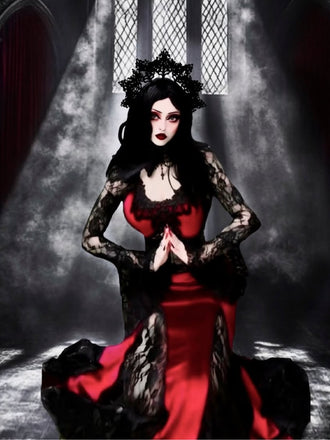 Weinrot 1930er Gothic Hexen Vampir Spitze Langarm Meerjungfrauenkleid