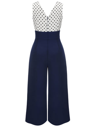 [Übergröße] Dunkelblau 1930er Polka Dot Patchwork Jumpsuit