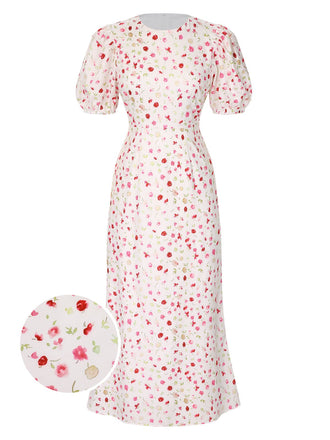 Weiß 1930er Blumenmuster Puffärmel Fischschwanz Kleid