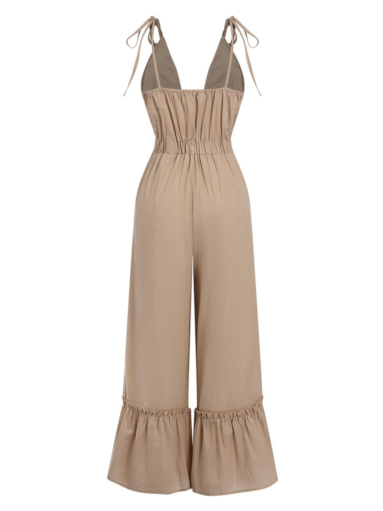 Khaki 1970er Rüschen Weites Bein Jumpsuit