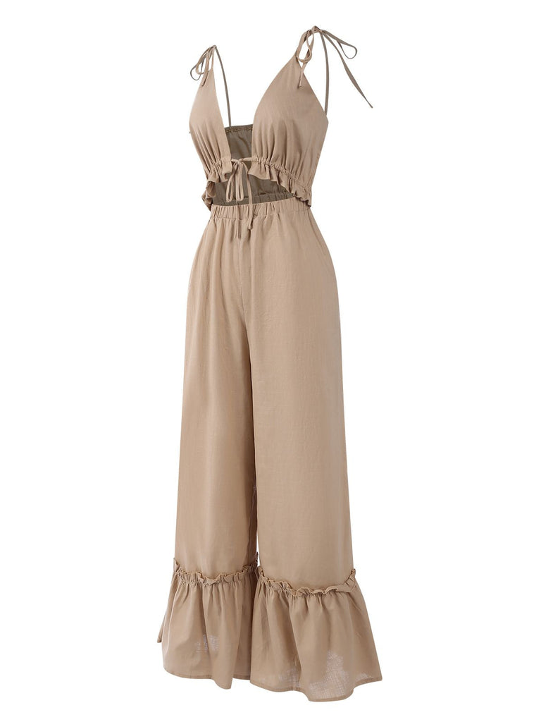 Khaki 1970er Rüschen Weites Bein Jumpsuit