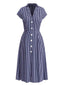 [Vorverkauf] Marineblau 1950er Geknöpft Revers Plaid Kleid