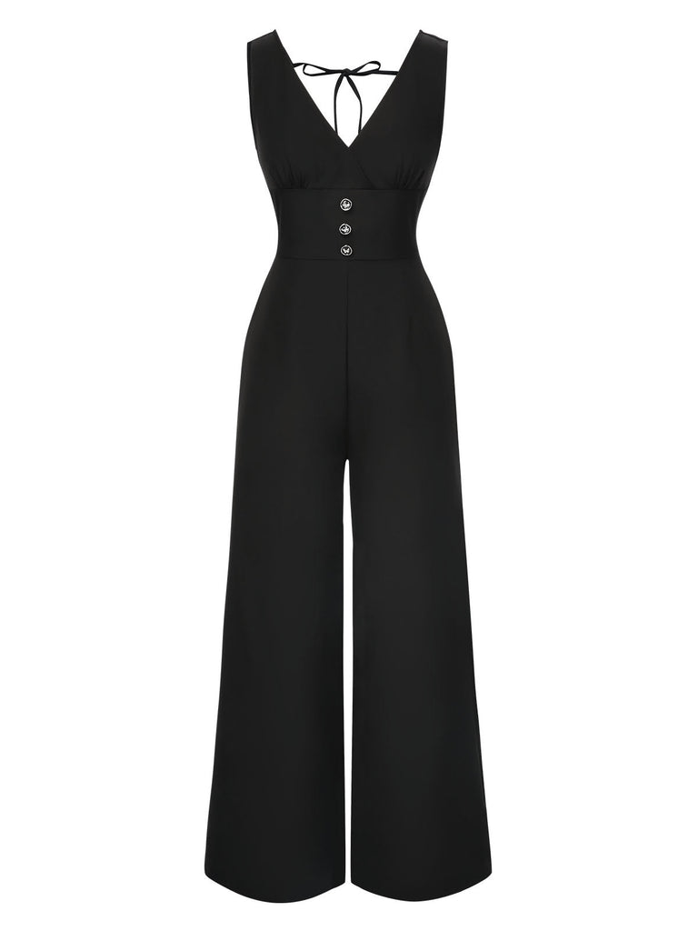 Schwarz 1930er Solide V-Ausschnitt Schmetterling Tasten Jumpsuit