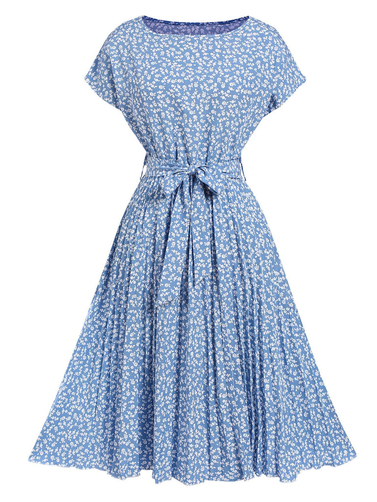 Hellblau 1940er Blumen Plissiertes Kleid