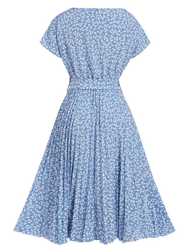 Hellblau 1940er Blumen Plissiertes Kleid