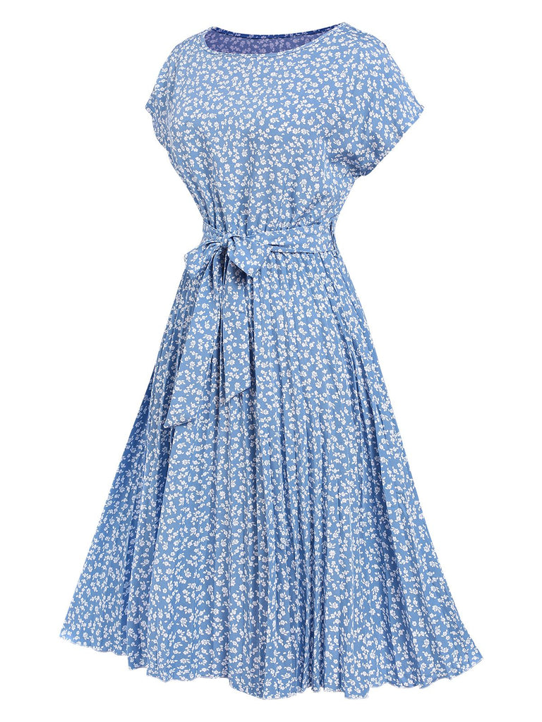 Hellblau 1940er Blumen Plissiertes Kleid