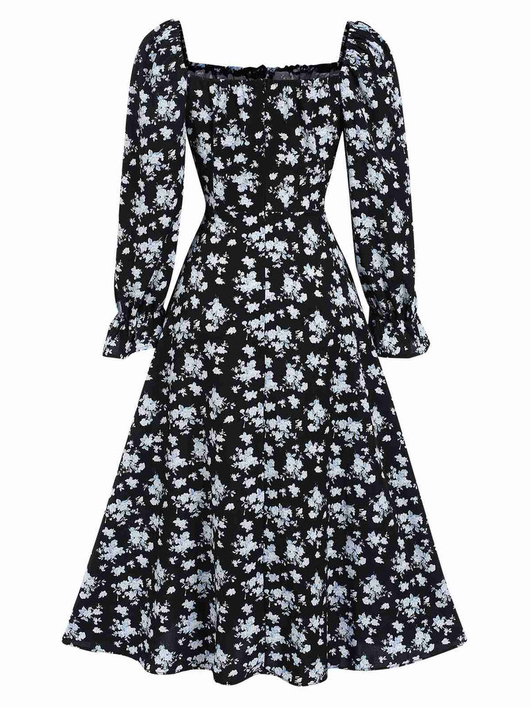 1940er Kordelzug Schlitz Quadratischer Hals Blumen Kleid