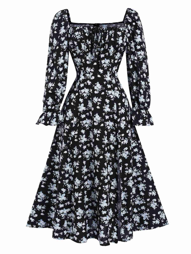 1940er Kordelzug Schlitz Quadratischer Hals Blumen Kleid