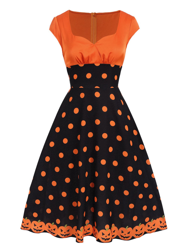 [Vorverkauf] Orange 1950er Kürbis Gesicht Herzförmiger Hals Kleid