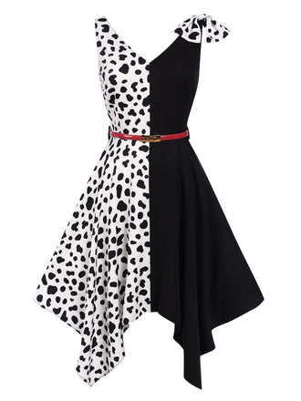 Schwarz 1970er Cruella de Vil Kostüm Kuhflecken Patchwork Kleid