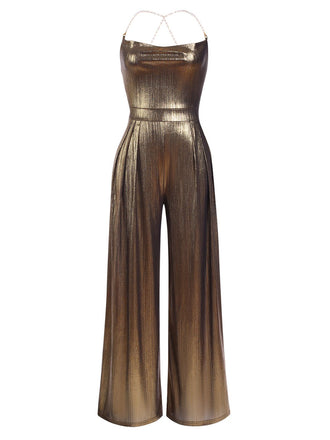 Disco outfit Metallic Gold 1980er Wasserfallkragen Spaghetti Träger Jumpsuit
