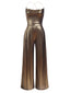 Metallic Gold 1980er Wasserfallkragen Spaghetti Träger Jumpsuit