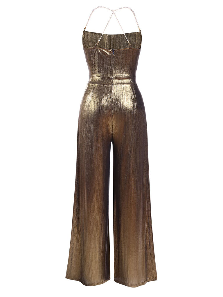 Metallic Gold 1980er Wasserfallkragen Spaghetti Träger Jumpsuit