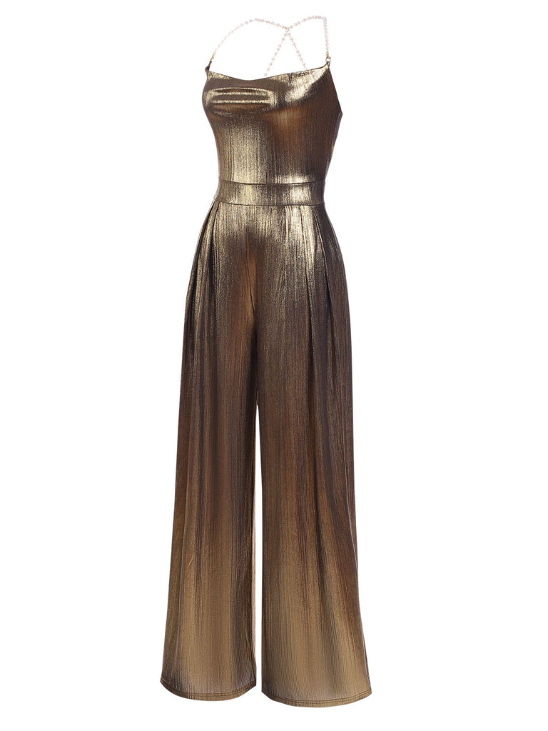 Metallic Gold 1980er Wasserfallkragen Spaghetti Träger Jumpsuit