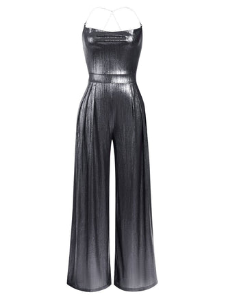 Disco outfit Metallic Grau 1980er Wasserfallkragen Spaghetti Träger Jumpsuit