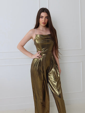 Disco outfit Metallic Gold 1980er Wasserfallkragen Spaghetti Träger Jumpsuit