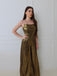 Disco outfit Metallic Gold 1980er Wasserfallkragen Spaghetti Träger Jumpsuit