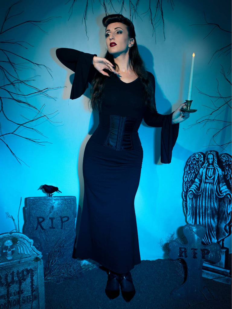 Schwarz 1930er Gothic Morticia Addams Dolman-Ärmel Fischschwanz Kleid