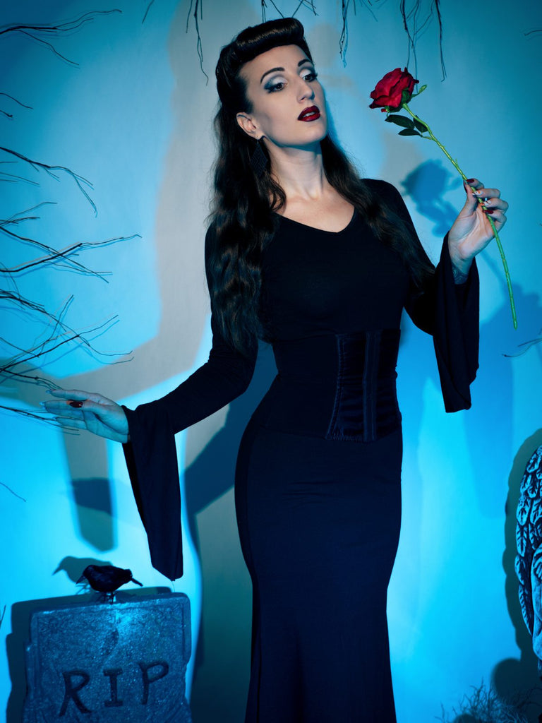 Schwarz 1930er Gothic Morticia Addams Dolman-Ärmel Fischschwanz Kleid