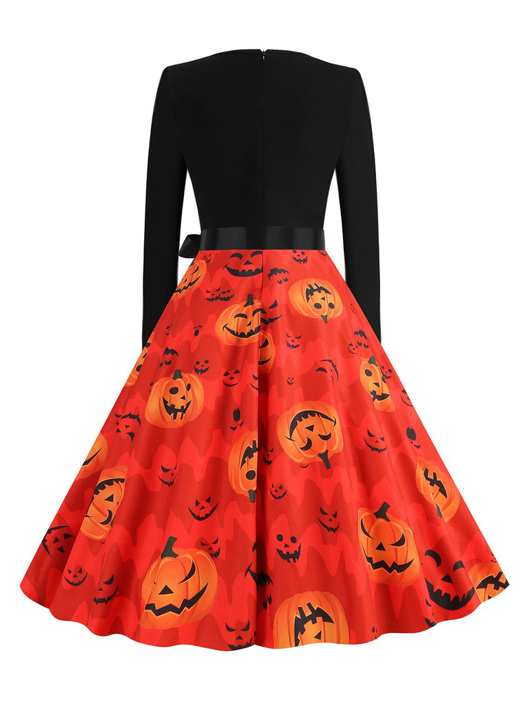 Orange Rot 1950er Halloween Blütenblatthals Kürbis Kleid