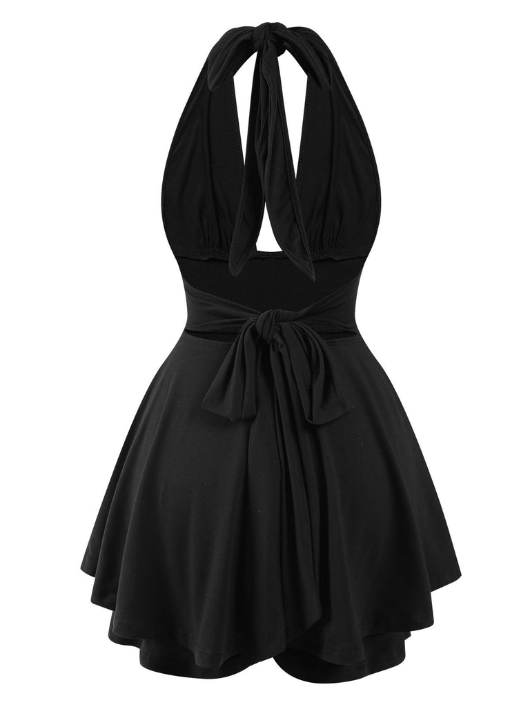 1950er Solide Tief V-Ausschnitt Halter Rock Romper