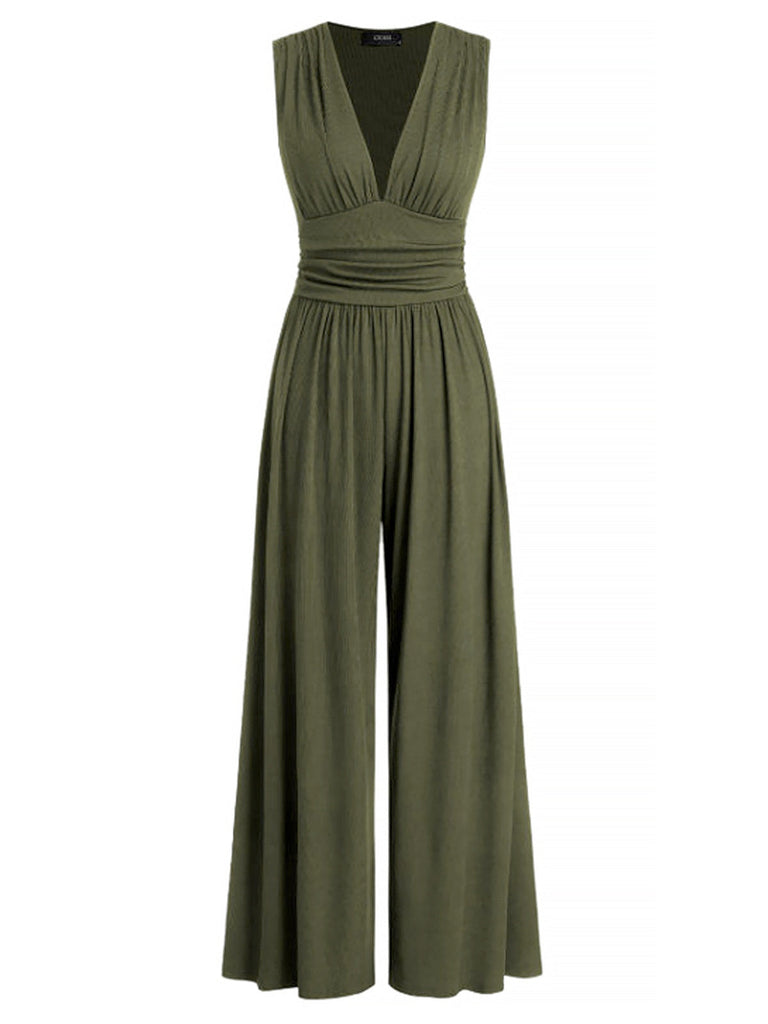 1950er Solide Falten Tiefer V-Ausschnitt Jumpsuit