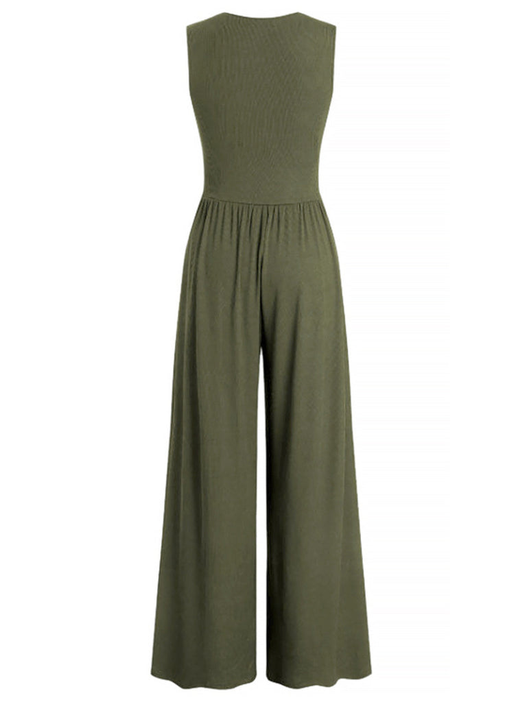 1950er Solide Falten Tiefer V-Ausschnitt Jumpsuit