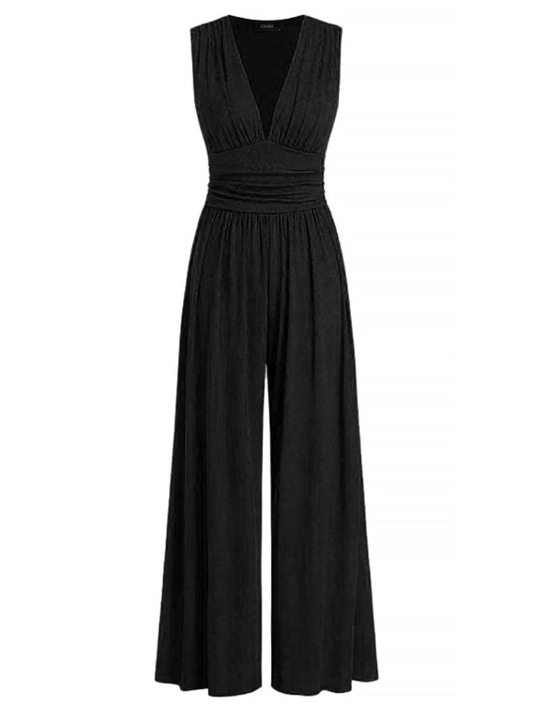 1950er Solide Falten Tiefer V-Ausschnitt Jumpsuit