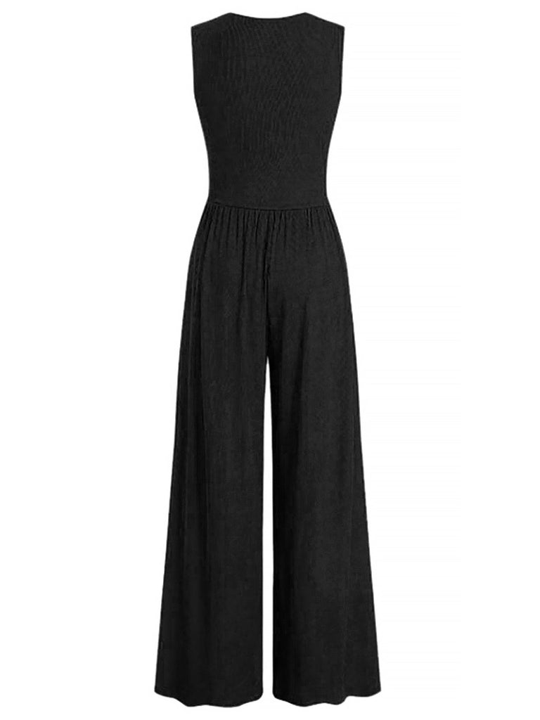 1950er Solide Falten Tiefer V-Ausschnitt Jumpsuit