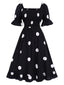 Schwarz 1940er Rüschenmanschetten Polka Dots Gesmoktes Kleid