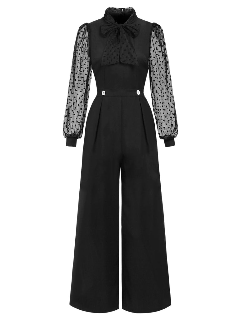 [Vorverkauf] Schwarz 1930er Polka Dots Masche Jumpsuit