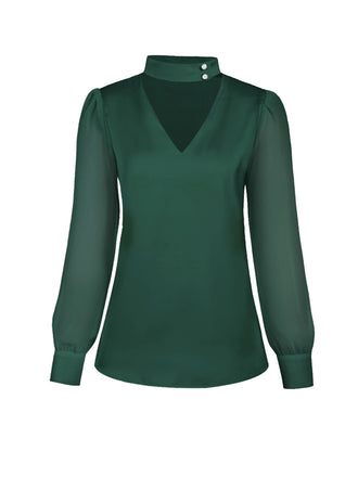 Grün 1940er Rundhals Satin Puffärmel Bluse