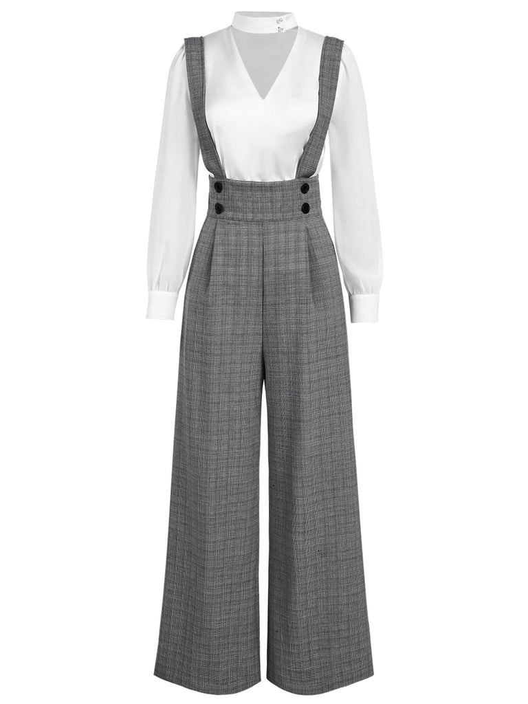 [Vorverkauf] 2PCS 1940er Satin Puffärmel Bluse & Glen Plaid Overall Hosen