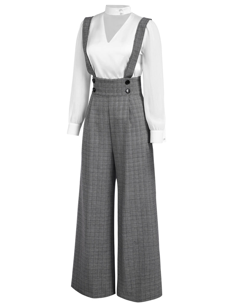 [Vorverkauf] 2PCS 1940er Satin Puffärmel Bluse & Glen Plaid Overall Hose