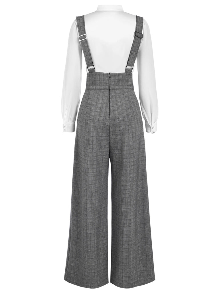 [Vorverkauf] 2PCS 1940er Satin Puffärmel Bluse & Glen Plaid Overall Hosen