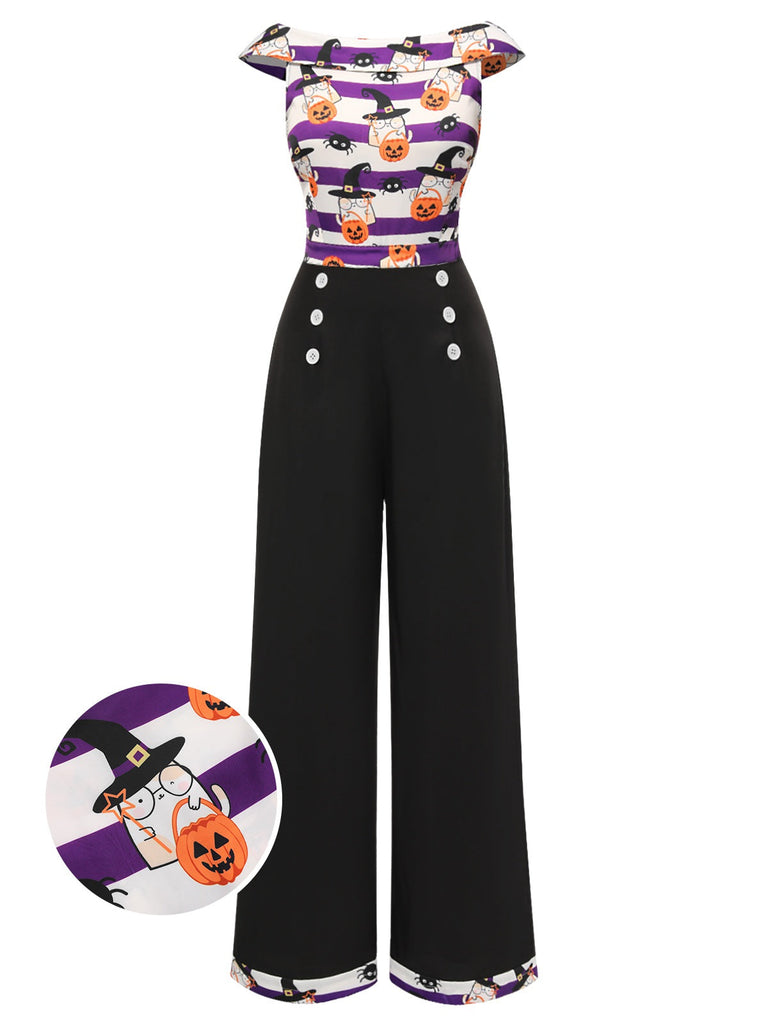 Schwarz 1950er Kürbis Schulterfrei Patchwork Jumpsuit