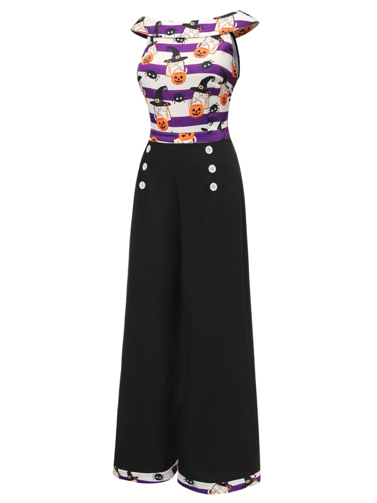 Schwarz 1950er Kürbis Schulterfrei Patchwork Jumpsuit