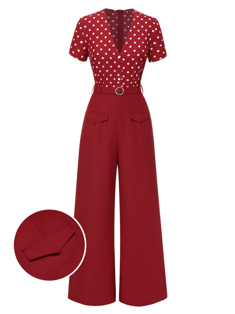 [Vorverkauf] Rot 1960er Polka Dots Tief-V Jumpsuit